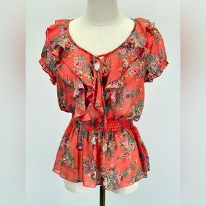 POETRY Coral sheer floral smocked waist ruffle peplum blouse size S